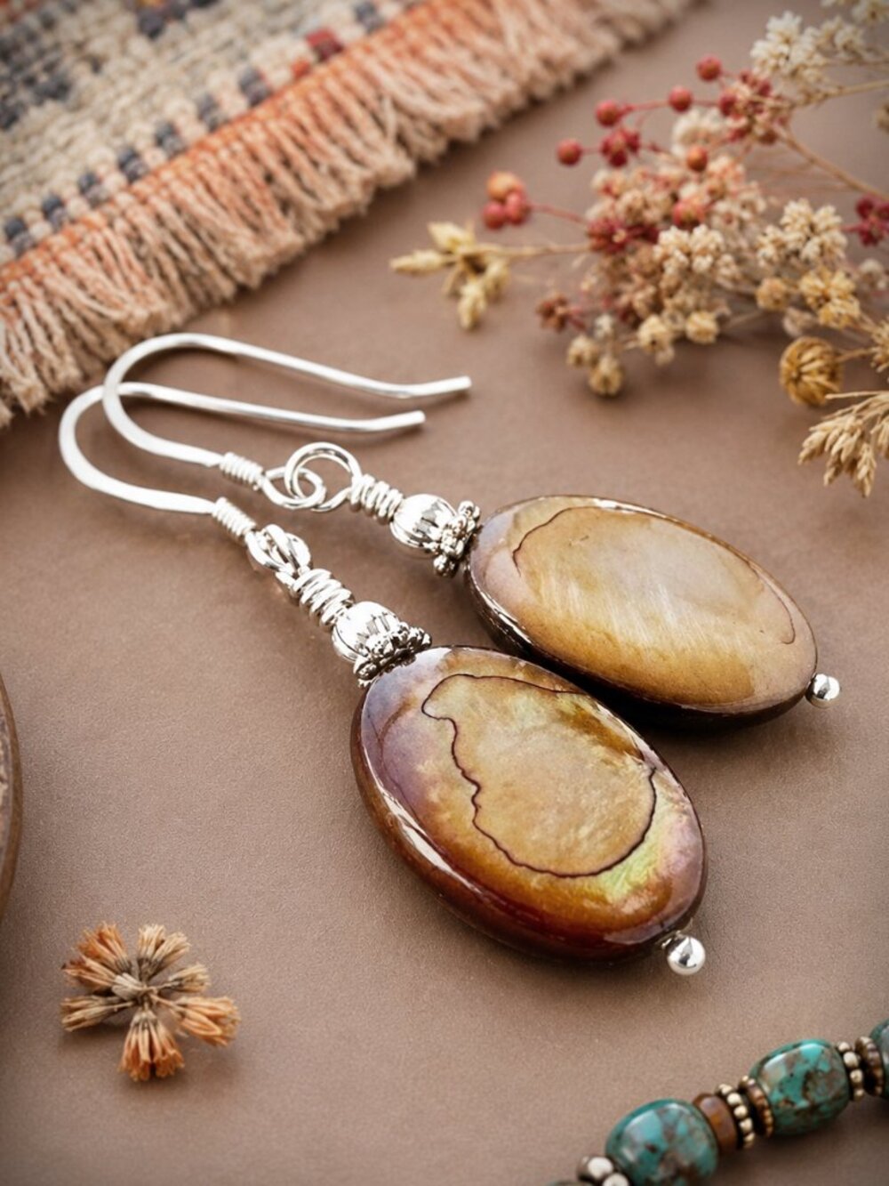 Sterling Silver And Golden Mother Of Pearl Earrings 925 Hooks